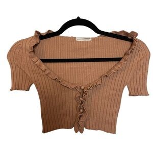 Urban Outfitters Tan Ribbed and Ruffled Super Cropped Short Sleeve Top Sz XS